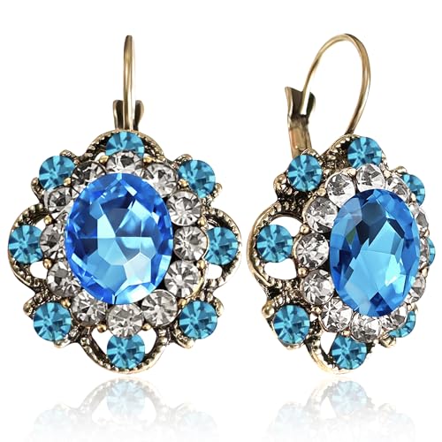 Handmade Bohemian Vintage Gold Sparkly Crystal Round Flower Leverback Earrings Cute Rhinestone Geometry Dangle Drop Earring for Women - color: Sky Blue
