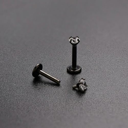 16G 18G Titanium Internal Thread CZ Stud Earrings Flat Back, Silver Black Tragus Helix Conch Cartilage Piercing Jewelry for Women Men 6mm 8mm 10mm Labret Studs 2PCS - color: Black, 16g, 10mm bar, 3mm White CZ
