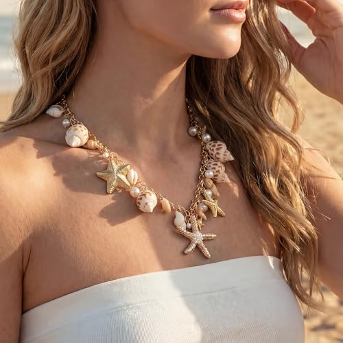 Shell Starfish Necklace for Women, Gold Plated Boho Layered Pendant Necklace with Pearl Conch Charm, Dainty Coastal Summer Beach Vacation Jewelry Gifts - style: Conch Starfish 1Pcs
