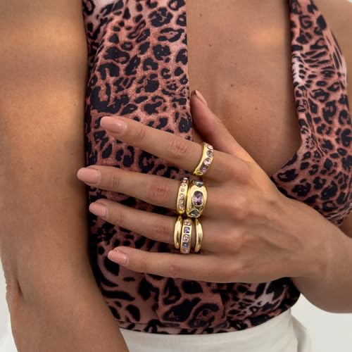 Chunky Gold Rings for Women Non Tarnish Silver Chunky Rings Set Adjustable Thick Statement Ring Gold Stackable Ring for Women Trendy Fashion Silver Jewelry - style: Style8-Purple Gemstone 6Pcs