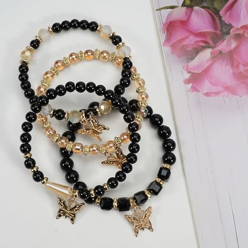 Bohemian Bracelet Sets for Women - 4-Pack Stackable Stretch Bead Bracelets with Black＆White Crystal & Gold Accessories, Multi-Layer Boho Jewelry - color: black butterfly