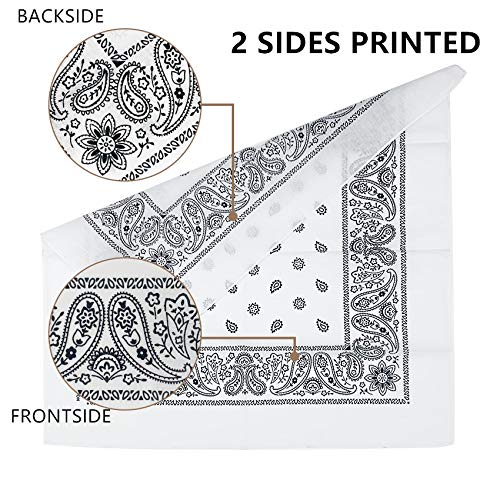 Vamqor 12pcs Bandana for women and men 100% Cotton Custom Fashion Paisley Design Multifunctional Outdoor Square Handkerchief - color: White