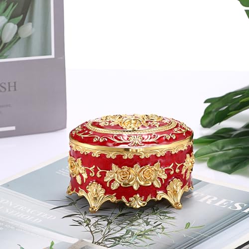 Hipiwe Oval Jewelry Box Classic Metal Trinket Organizer Ring Storage Box with Rose Pattern Jewelry Storage Box for Ring Earrings Necklace, Gift for Women, Red - color: Red