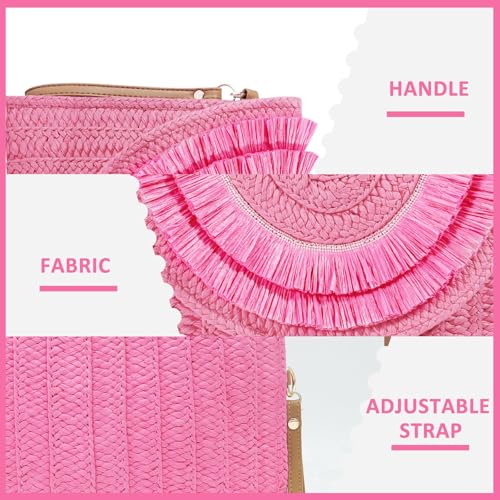 Crossbody Bags for Women, Straw Clutch Purses, Bohemian Handmade Woven Envelope Package, Tassel Handbags for Women | Bohemian - color: Light Pink