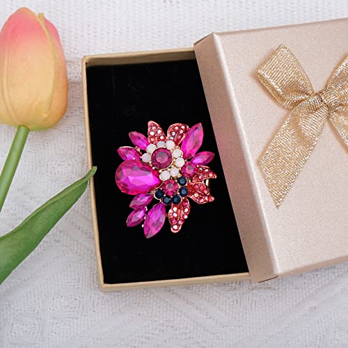 CSY Luxury Women's Austrian Crystal Leaves Flower Big Cocktail Statement Rings Stretch Adjustable Ring Jewelry Accessories - color: hot pink crystal-gold tone