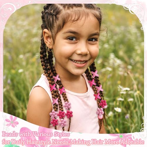 NAISKA 60Pcs Hot Pink Flower Kids Hair Beads Cute Beads for Hair Tiny Hair Beads for Braids Small Pony Dreadlock Beads Loc Beads Acrylic Beads Girls Braid Clips Accessories - color: Pink, Rose Red