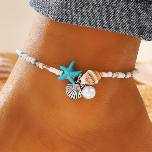 Ankle Bracelet for Women Beach Puka Shell Anklet Waterproof Starfish Seashell Pearl Anklets Stretch Beaded Ankle Bracelets Boho Beach Anklet Jewelry for Summer Beach Party - color: Blue