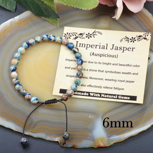 468Handmade Adjustable Natural Gemstone Crystal Bracelet Healing Power Energy Inspirational Gifts with Card for Unisex - color: 11-Imperial Jasper (Auspicious), size: 6mm