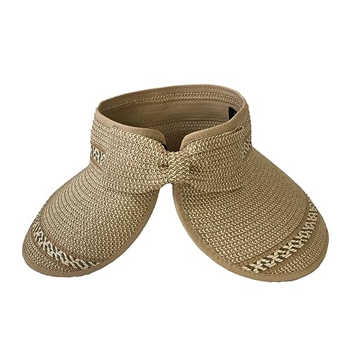 Magid Packable Wide Brim Straw Sun Visor Hat, Roll-Up Design with Contrast Stitch, Toast - Perfect for Sun Protection