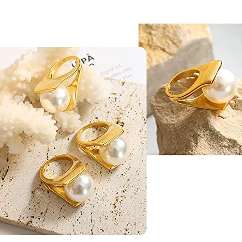 OIDIMS Exaggerated Pearl Statement Band Ring Stainless Steel Y Shaped Unique Style Big Rings Personalized Finger Comfort Fit Jewelry for Women Fashion Gift Birthday Xmas - size: 6