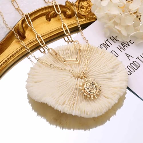 Turandoss 14K-Gold-Plated Necklaces for Women - Lock Evil Eye Medallion Vintage Coin Necklace Bee Sun Moon Shell Chain Necklace Layered Paperclip Chain Necklaces for Women Jewelry Gifts - style: 11-Happy Sun Coin