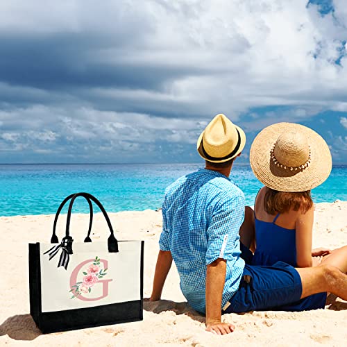 Initial Canvas Tote Bag for Women, Beach Bag with Inner Zipper Pocket Personalized Gifts for Wedding, Birthday | Initial - color: G