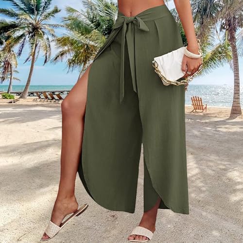 Wide Leg Tie Belted Linen Capri Pants for Women Casual High Waist Irregular Split Hem Palazzo Cropped Trousers - color: Army Green, size: Large