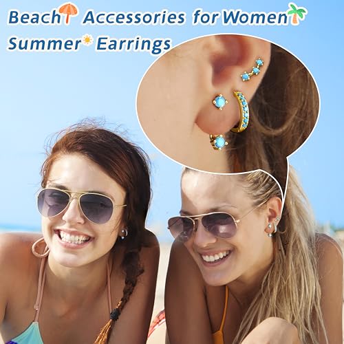 3 Pairs Dainty Small 4th of July Earrings for Women Trendy, Birthstone Stud Huggie Hoop Jacket Stack for Cartilage Helix, Gold Plated Hypoallergenic Cute Women Fashion Accessories Western Jewelry Gifts - color: Created Turquoise (Gold)