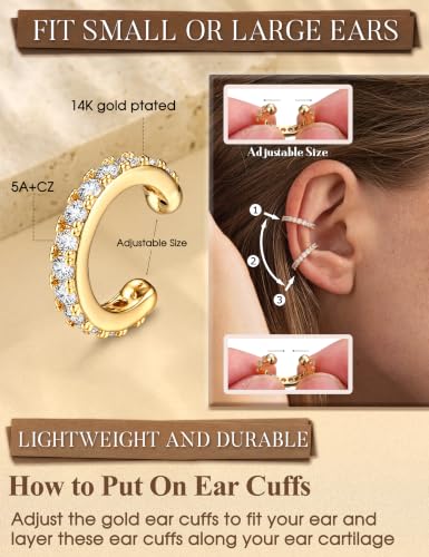 LOLIAS 4 Pairs Ear Cuffs Non Piercing - 14K Gold Plated Ear Cuff Earrings for Women Ear Cuff for Non Pierced Ears Clip on Cartilage Earring Adjustable Fake Earrings Set - style: Stars -14K Gold Plated