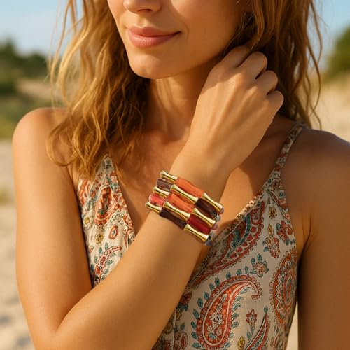 Gold Tube Bangle Bracelets for Women Stackable Bamboo Chunky Acrylic Beads Stretch Friendship Summer Beach Bracelet Jewelry - color: Colorful 03