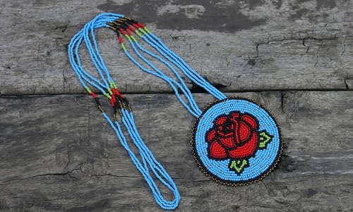 Handmade Native American Style Tribal ethnic Seed Bead Beaded Layered Medallion Necklace #1 - color: Skyblue Rose