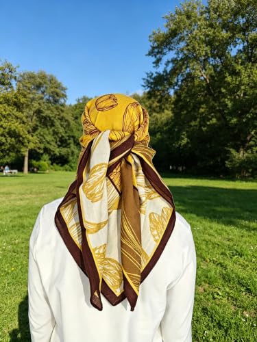 35" Head Scarf Large Square Scarf Like Cotton Hairscarf Fashion Scarves Bandana Night Sleeping Wraps for Women B01 - color: Beige/Coffee Tulips