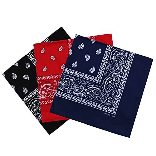 Cotton Bandanas for Men & Women Paisley Cowboy Bandana Handkerchiefs for Hair 22x22 - color: 3pcs Black/Red/Navy