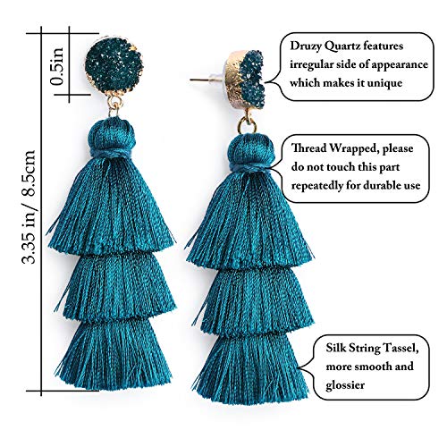 Me&Hz Colorful Layered Tassel Earrings Bohemian Statement Tiered Tassel Big Dangle Drop Earrings for Women Druzy Studs Valentine’s Day Gift - color: Peacock blue