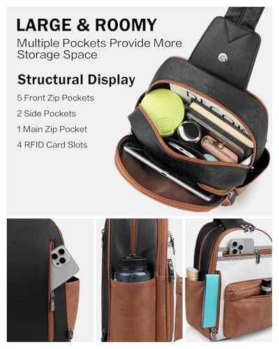 FADEON Large Sling Bag for Women, Leather Crossbody Purse Designer Anti Theft Sling Backpack, RFID Fanny Packs for Travel - color: Black-beige-brown Retro Style