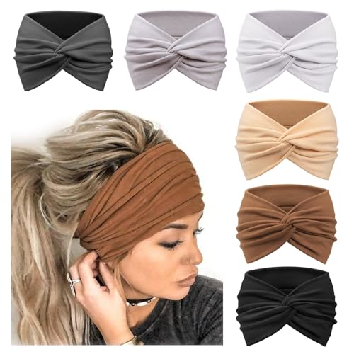 DRESHOW 6 Pack Extra Wide Headbands for Women Large Turban Headband Boho Head Wrap Elastic Hairbands Hair Twisted Knot Hair Accessories - color: 6 Pcs: Solid Color C