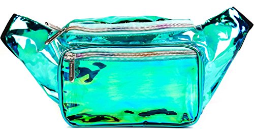 Fanny Pack Belt bag - Crossbody Waist Bag for Men or Women - Hands-Free, Waterproof Large Bumbag for Hiking, Running, and Travel (Holographic Transparent - Aqua) - color: Transparent - Aqua