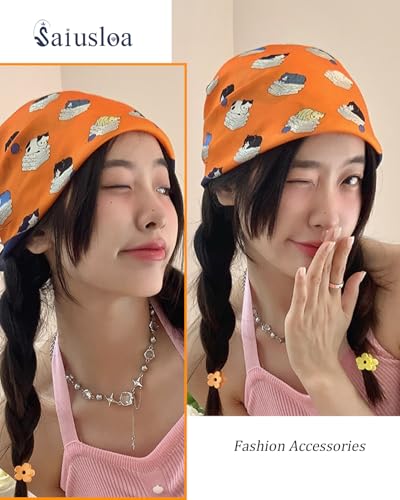 Saiusloa Neck Scarf For Womens Silky Head Scarves Hair Bandanas Square Scarf Fashion Accessories lightweight - color: 10-cartoon Cat Orange