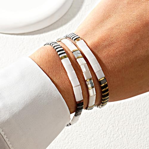 Tila Flat Square Stack Beaded Bracelets Set for Women Men, Boho 3Pcs Romantic Handmade Healing Gold Colorful Stretch Accessories Jewelry, Daily Vacation Party Holiday Friendship Gift - color: Black White