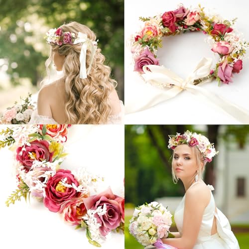 Rose Flower Crown Women Boho Flower Headband Hair Wreath Floral Headpiece with Ribbon Flower Leaves Crown for Wedding Festival Party Photos - color: Rose Flower Crown