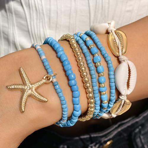 Pingyongchang Bohemian Stackable Shell Beaded Ankle Bracelets for Women Colorful Boho Multi-Layer Seashell Gold Starfish Adjustable Handmade Braid Bracelet Summer Beach Holiday Accessories Gifts - color: Blue