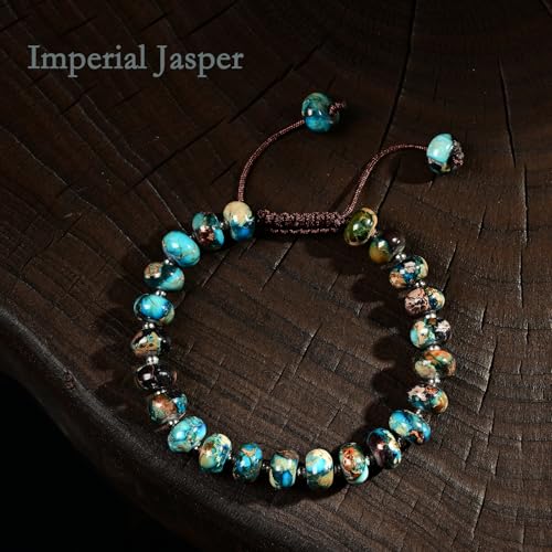 468Handmade Adjustable Natural Gemstone Crystal Bracelet Healing Power Energy Inspirational Gifts with Card for Unisex - color: 11-Imperial Jasper (Auspicious), size: 5x8mm