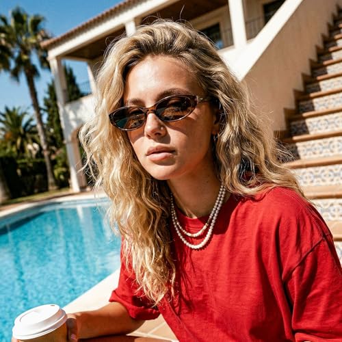 FEISEDY Retro Oval Womens Sunglasses, Trendy Cat Eye Skinny Chic Narrow Y2K 90s Small Sunnies B9177 - color: Brown Frame - Brown