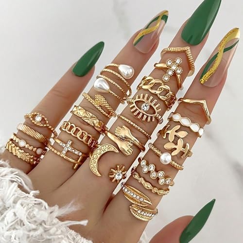 YEEZII 25 Pcs Gold Knuckle Rings Set for Women, Cute Stackable Finger Midi Rings, Dainty Gold Chunky Stacking Statement Womens ring pack - color: Gold-22 Pcs