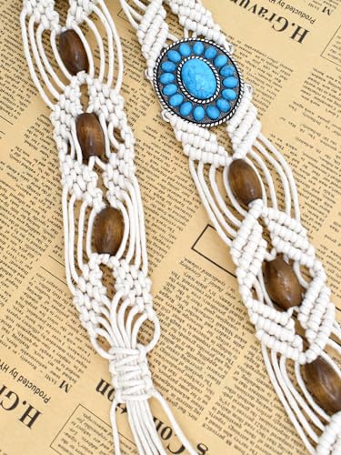 TeeYee Women's Waist Belt Adjustable Boho Style Handwoven Bohemia Tassel Rope Tie with Wooden Beads Braided Chain for Dress - color: Bw0272white