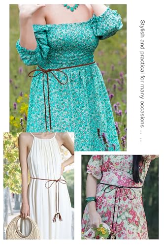 TeeYee Waist Belt Woven Knitted Rope/Chain PU leather 3 Pieces Tassel Rope Skinny Belt - color: 257beigetancoffee