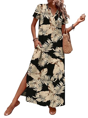 OFEEFAN Summer Dresses for Women 2026 Maxi Dress Short Sleeve Sundresses with Pockets Beach Vacation Spring Outfits - color: Beige Leaf, size: Large
