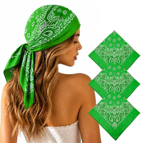 Junvena 27 Inch Extra Large Bandana 100% Cotton,Soft Thin Breathable Headband for Men Women, Solid & Paisley - color: Green 3 Pack