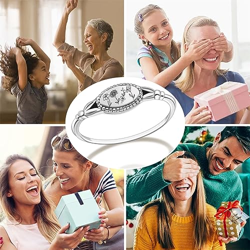 Birth Month Ring for Women Personalized Birthday Flower Signet Rings 925 Sterling Silver Vintage Rings Personalized Gift with Birth Flowers for Mom Daughter Girlfriend Wife Friend - color: 1 flower