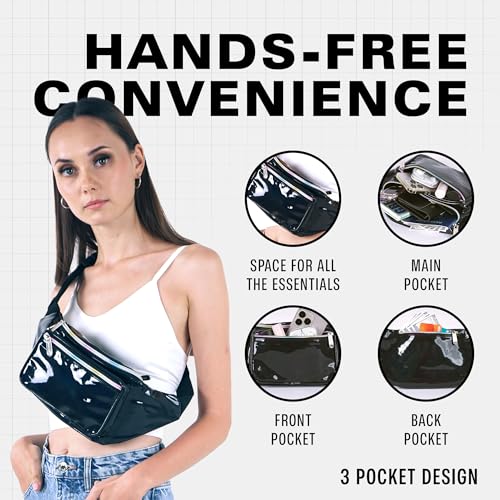 Black Holographic Fanny Pack Belt bag - Crossbody Waist Bag for Men or Women - Hands-Free, Waterproof Large Bumbag for Hiking, Running, and Travel - color: Glitter - Black