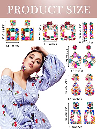 Kigeli 6 Pairs Multicolor Earrings for Women Rhinestone Colorful Statement Crystal Geometric Drop Dangle Teardrop Diamond Earrings for Christmas Prom Party Jewelry Gifts Collection