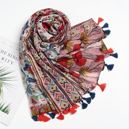 QIUTIMIY Scarf for Women Lightweight Soft Floral Leopard Printed Scarves Fall Winter Fashion Shawl Wrap with Fringe - color: Flower-black Red