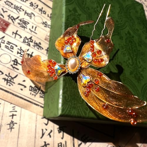 Orange Butterfly with Pearl Resin Hairpin Chinese Hanfu and Han Style Hair Retro Flower with Metal Handmade Hair Clip Hair Accessories for Women Girls Long Hair (Orange Butterfly) - color: Orange Butterfly