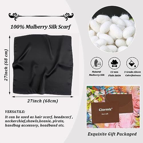 Ciormis 100% Mulberry Silk Scarf-Women's 21''/27''Square Silk Hair Head Scarf Neckerchief with Gift Packaged - color: 27''x 27''-style 39-black