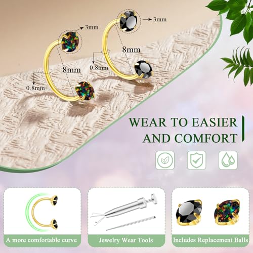 Opal Nose Ring Studs Horseshoe Nose Rings Hoops Stud 316L Stainless Steel Nose Rings Round CZ Square Screw L Shaped Nose Stud Hypoallergenic Nostril Piercing Jewelry for Women Men - color: Gold/3.0mm Black gem/20gauge