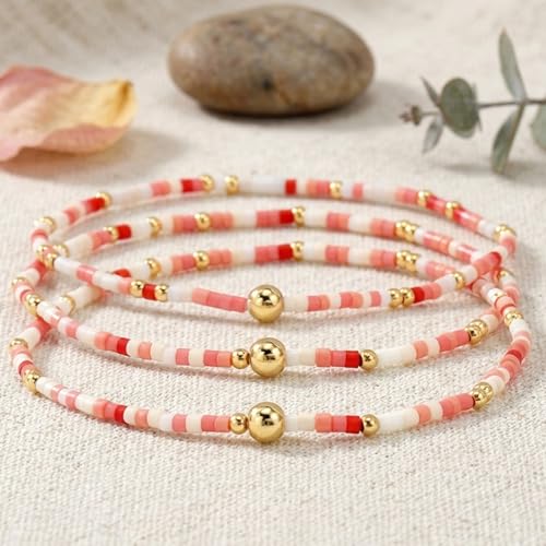 Dainty Gold Plated Tiny Ball Colorful Beaded Stack Bracelets Sets for Women,3Pcs Stackable Cute Bracelet Stretch Trendy Ball Jewelry Friendship Gift - color: peach-pink