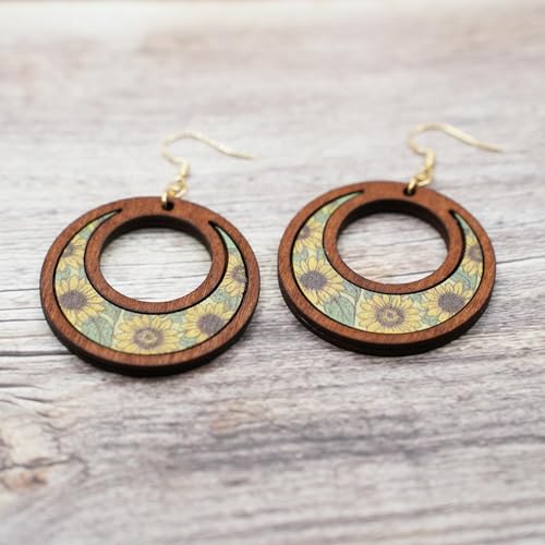Boho Teardrop Earrings, Handmade Copper Bohemian Earrings, Dangle Antique Ethnic Jewelry for Women - color: Wood Sunflower