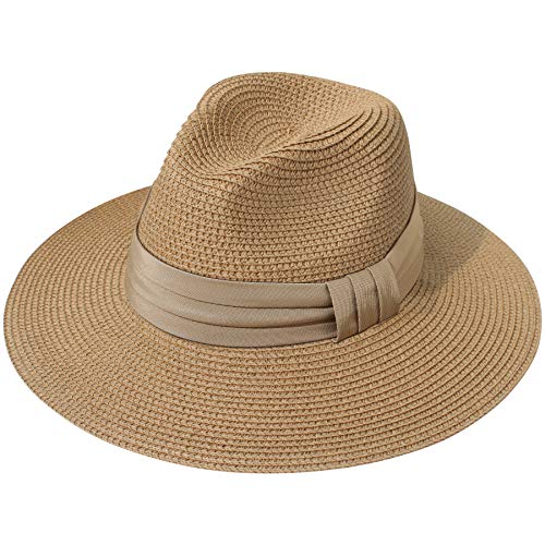Lanzom Women Wide Brim Straw Panama Roll up Hat Fedora Beach Sun Hat UPF50+ - color: Brown, size: One Size-Medium