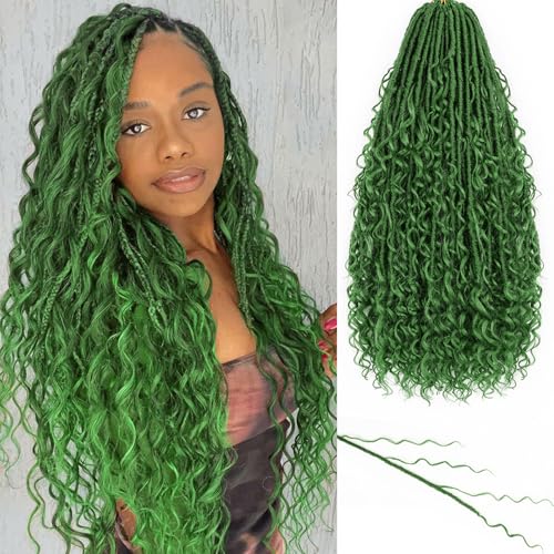 Goddess Locs Crochet Hair 7 Packs Bohemian Faux Locs Pre-Looped Braids, Boho Goddess Soft Locs Crochet Hair with Curly Ends Hair Extensions for Women (Dark Green#, 18Inch) - color: Dark Green#, size: 18 Inch