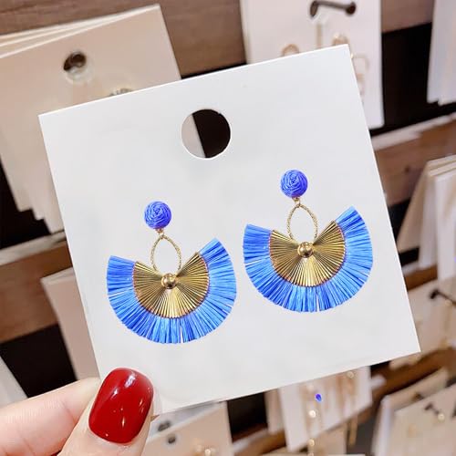 Anmpab Straw Fan Bohemian Tassel Earrings for Women Trendy Colorful Fringe Summer Beach Statement Earrings - color: Blue